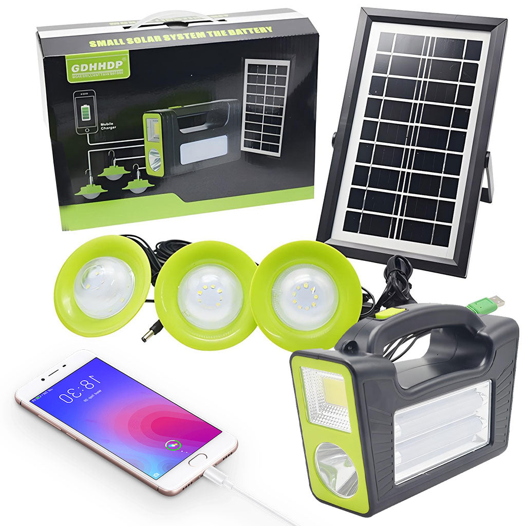 Kit Panneau Solaire portable avec Torche LED Rechargeable et 3 Lampes – طقم مصباح يعمل بالطاقة الشمسية