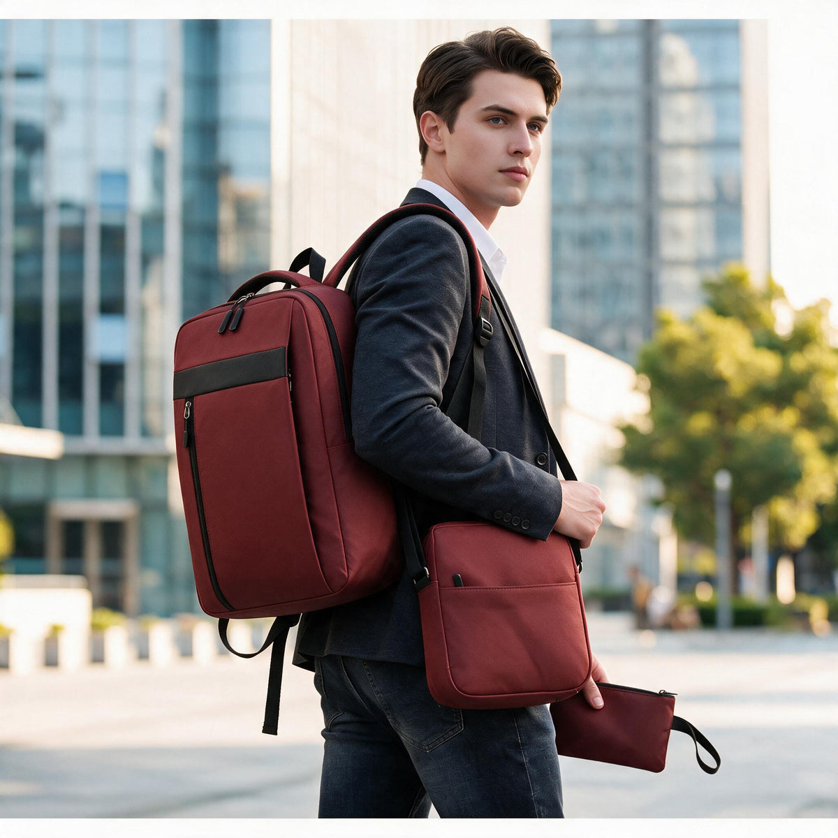 Ensemble 3 PCS sac a dos Élégant et Imperméable pour Homme Avec Port USB Bleu Mat-02 - طقم حقائب رجالية أنيقة 3 في 1 مع منفذ شحن