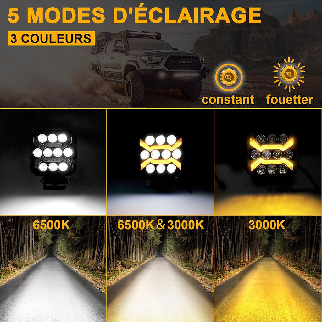 Phare LED Anti-brouillard 2PCS avec 5 Modes d’éclairage 12V-24V IP68 étanche – مصباح عالي السطوع للسيارات والدراجات النارية
