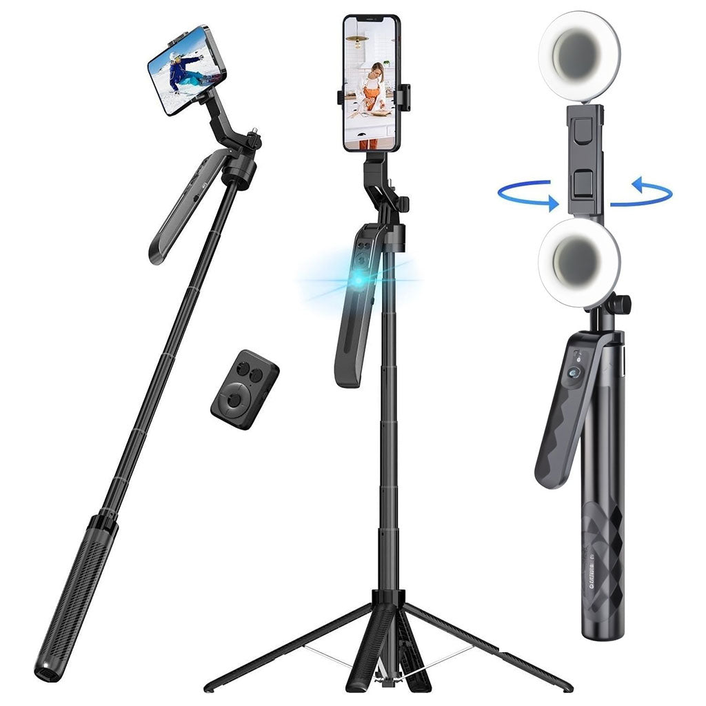Trépied perche à selfie PLOKAMA avec deux lumières LED et télécommande sans fil 4en1 – حامل هاتف وعصى سيلفي قابل للتمدد مع إضاءة مدمجة