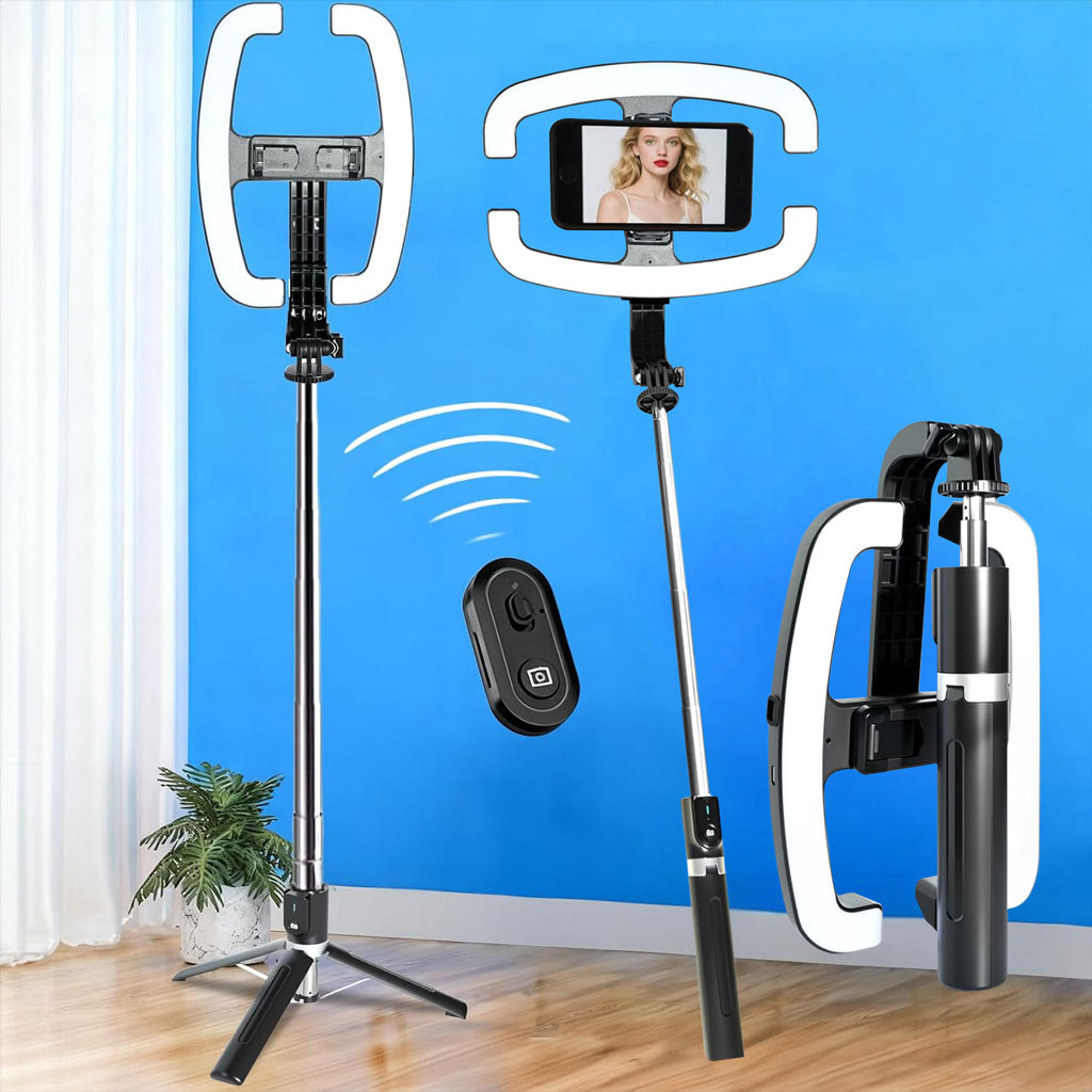 Perche à Selfie Extensible avec Support pour Téléphone et Lampe LED – عصا سيلفي مع إضاءة مدمجة ويد تحكم