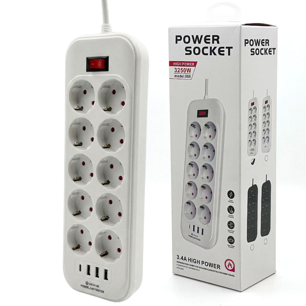 Rallonge Multiprise 10 Prises et 4 Ports USB Haute Puissance 3250W – مقبس طاقة متعدد المنافذ