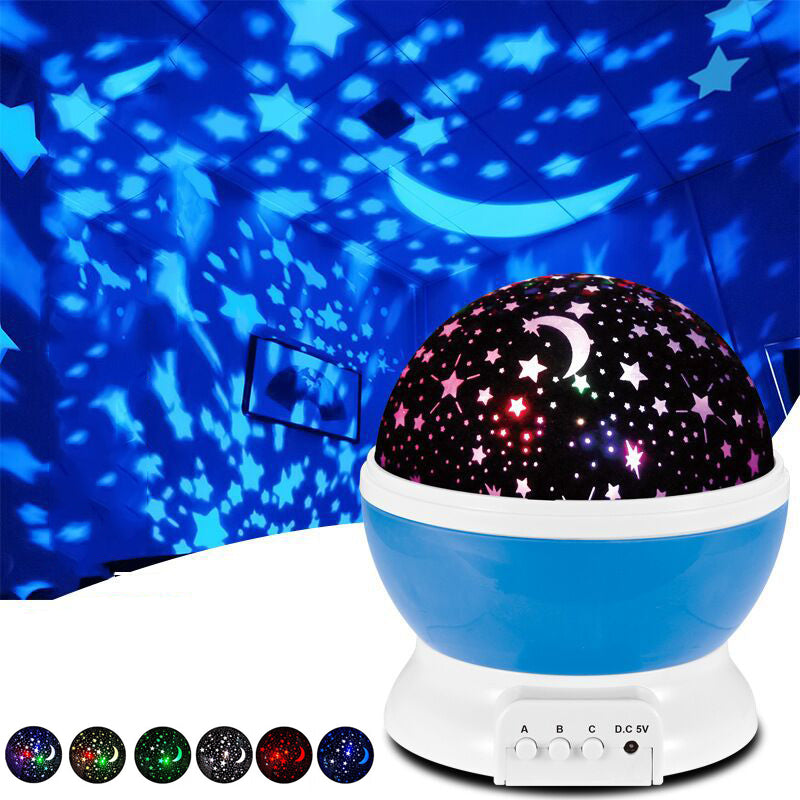 Projecteur LED rotatif produisant l’image d’un ciel étoilé, idéal pour la chambre d’un enfant