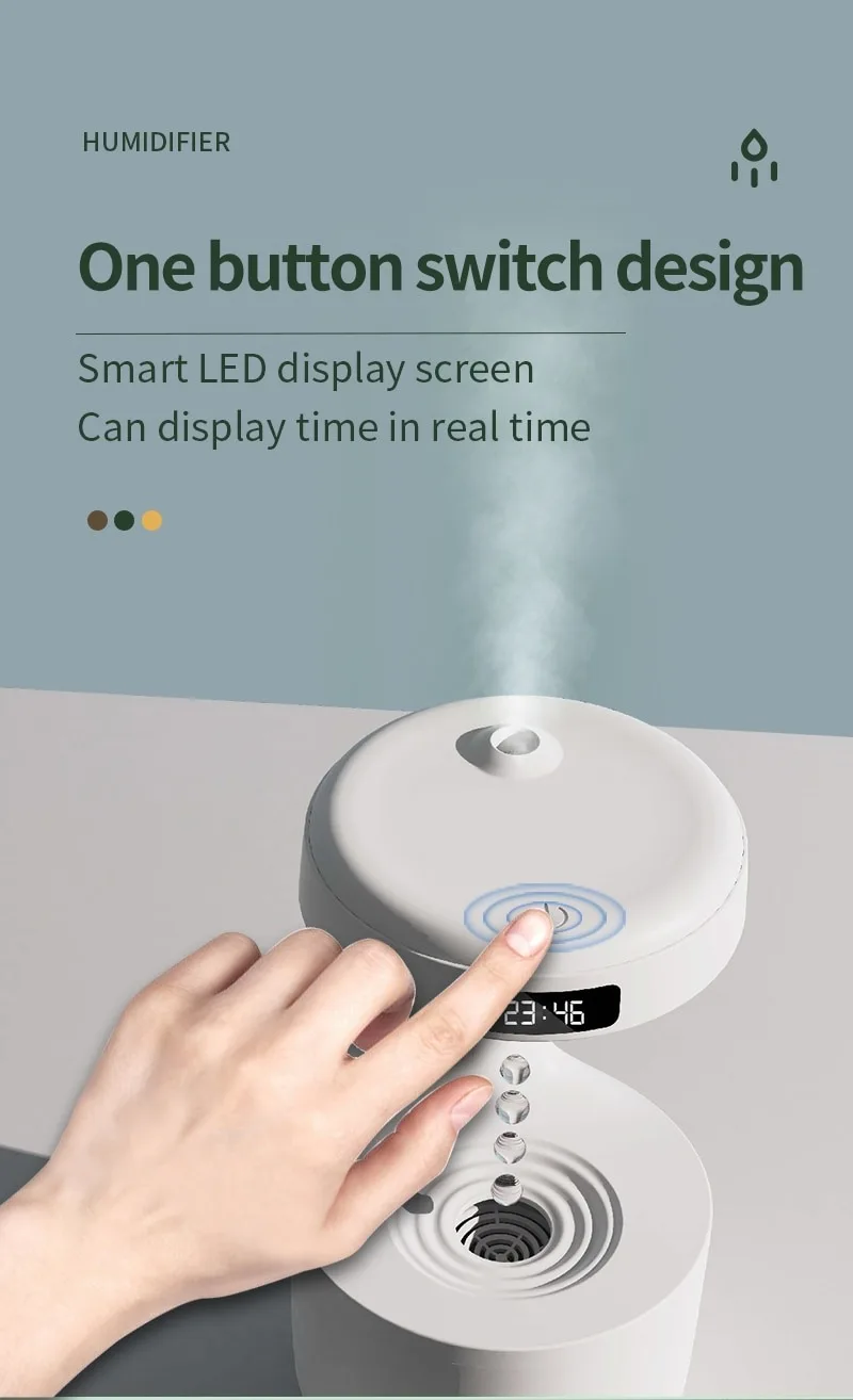 Réveil et Humidificateur d’air gouttelettes d’eau Anti-gravité 800ml