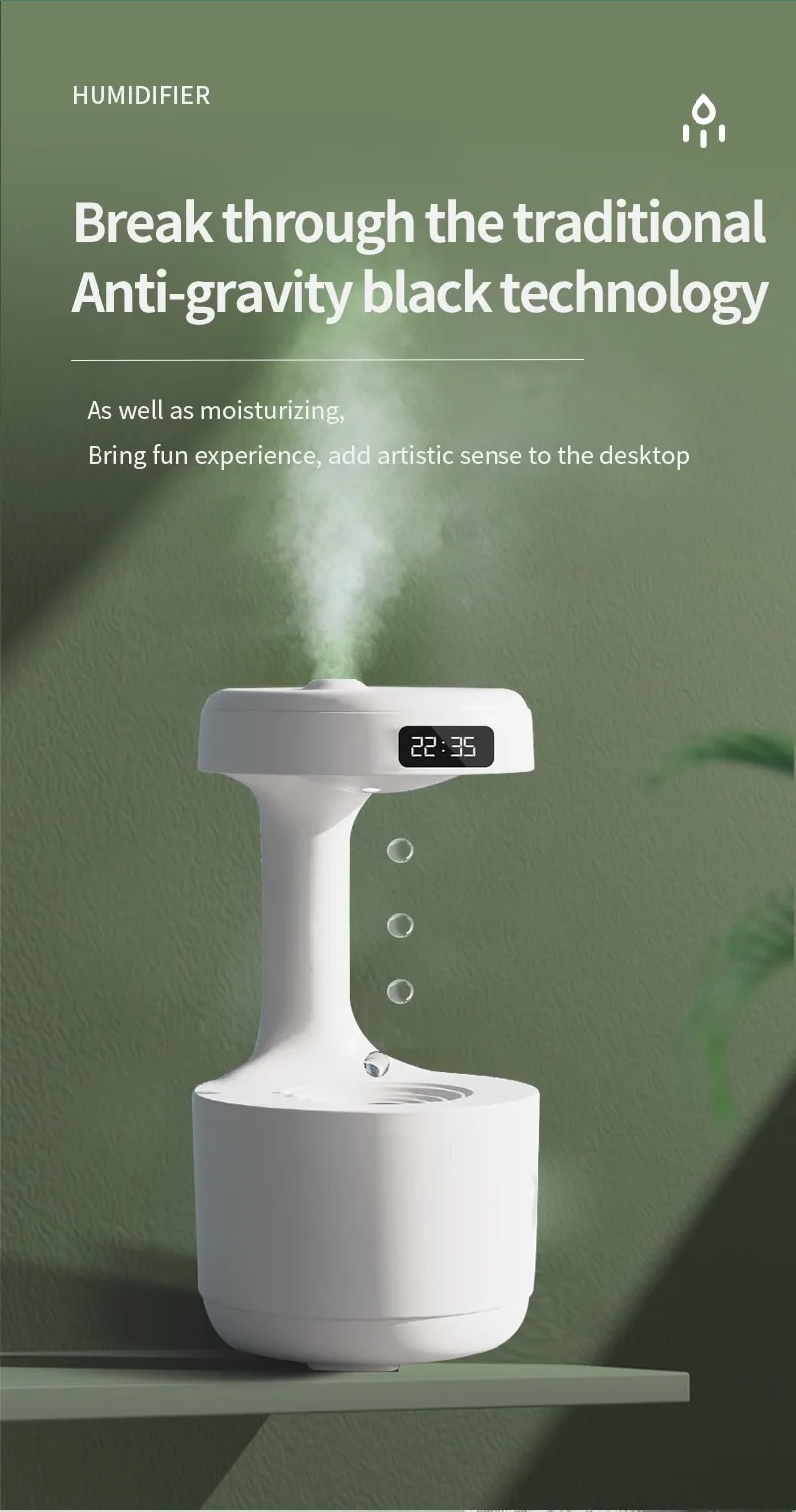 Réveil et Humidificateur d’air gouttelettes d’eau Anti-gravité 800ml