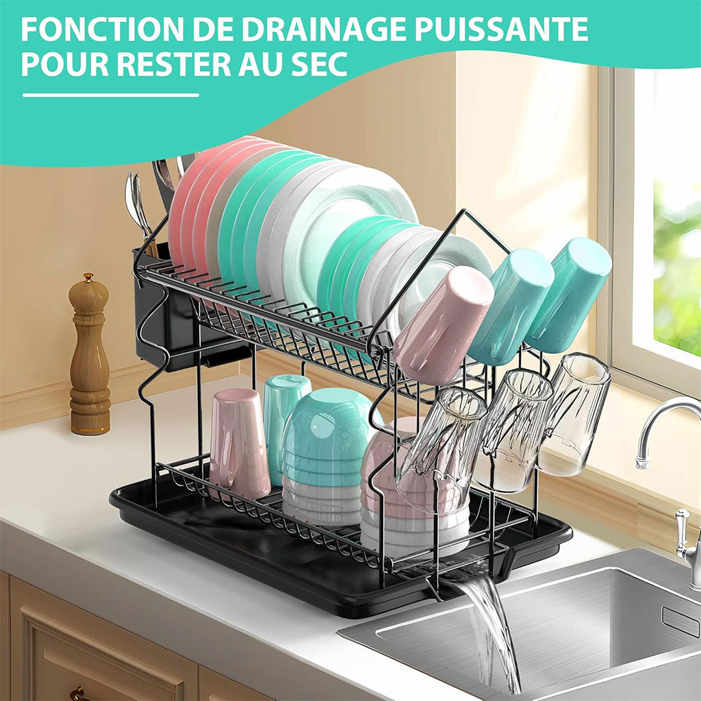 Égouttoir à Vaisselle 2 Niveaux avec Porte Ustensiles et Plateau d’égouttement
