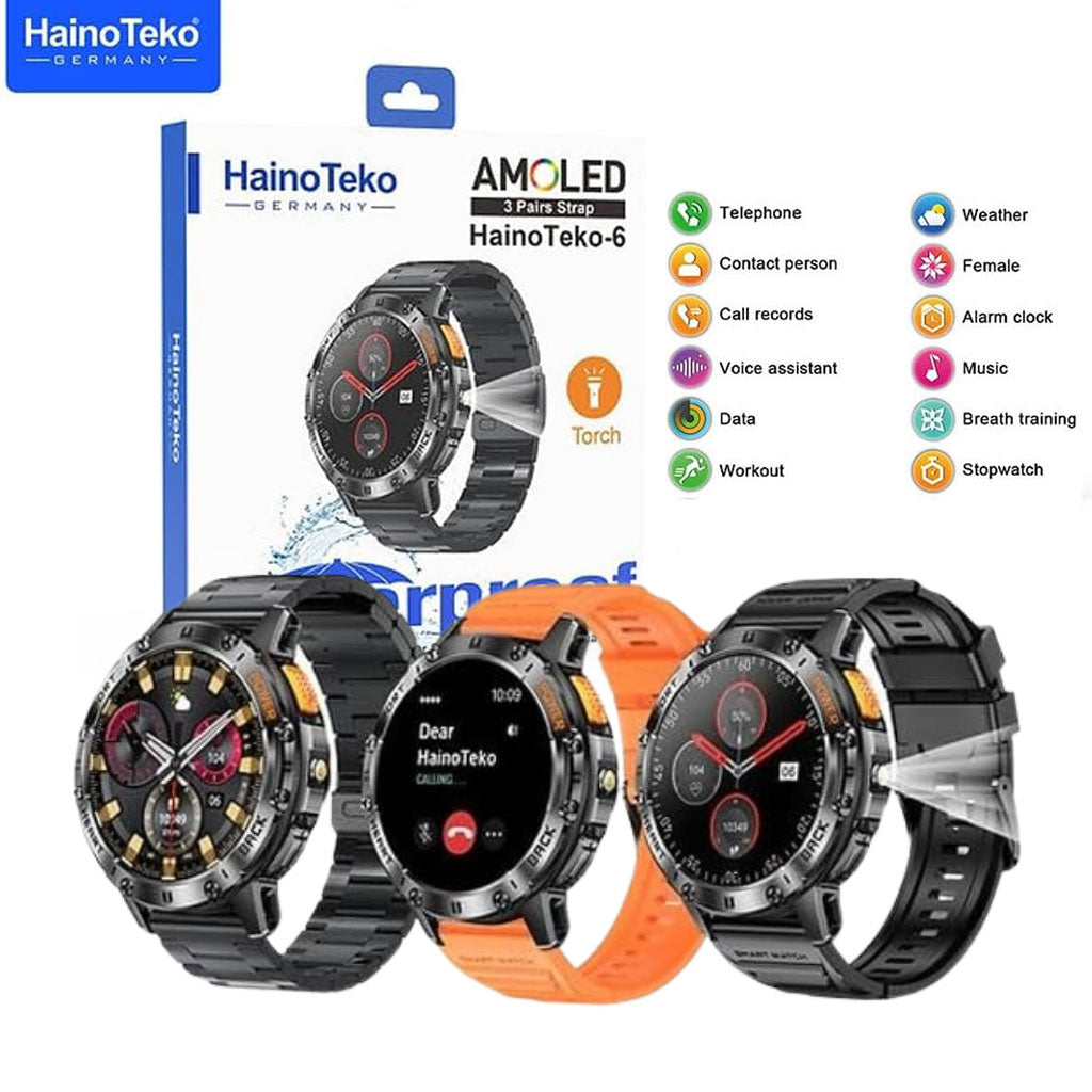 HainoTeko-6 avec écran AMOLED 3 paires de bracelets et lampe torche intégrée - ساعة ذكية أصلية