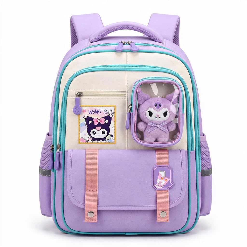 Sac à Dos Scolaire Style Kawaii Grand Volume avec Peluche Incluse Tissu Imperméable Mauve SACKDS04MV - حقيبة مدرسية بتصميم كاوايي